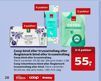 SuperBrugsen Coop bind eller trusseindlæg eller Änglamark bind eller trusseindlæg tilbud