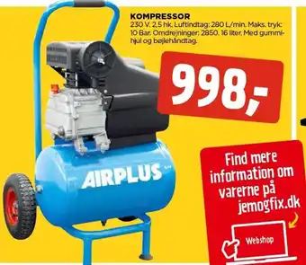 Airplus Kompressor 230 V.2,5 Hk Luftindtag 280L/Min.Maks.Tryk: 10 Bar.Omdrejninger.2850.16Liter.Med Gummihjul Og Bøjlehåndtag