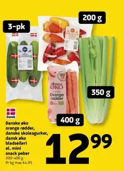 Løvbjerg Danske øko orange rødder, danske skoleagurker, dansk øko bladselleri el. mini snack peber tilbud