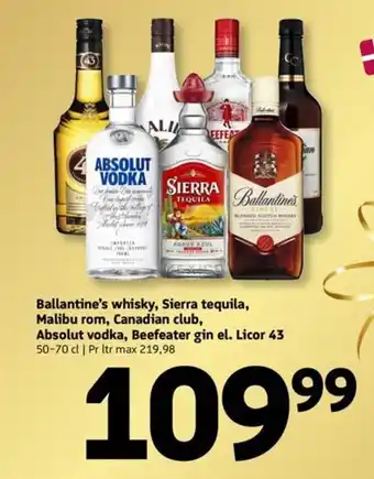 Løvbjerg Ballantine's whisky, Sierra tequila, Malibu rom, Canadian club, Absolut vodka, Beefeater gin el. Licor 43 tilbud