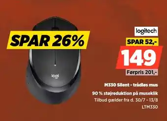 Power Logitech M330 Silent - trådløs mus 90% støjreduktion på museklik tilbud