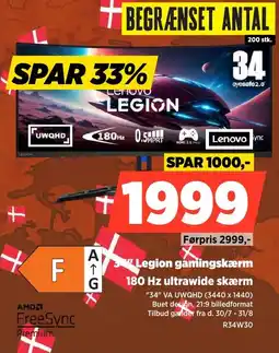 Power Lenovo 34" Legion gamingskærm 180 Hz ultrawide skærm tilbud