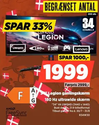 Power Lenovo 34" Legion gamingskærm 180 Hz ultrawide skærm tilbud