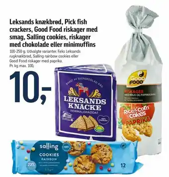 Føtex Leksands knækbrød, Pick fish crackers, Good Food riskager med smag, Salling cookies, riskager med chokolade eller minimuffins tilbud