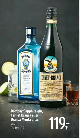 Føtex Bombay Sapphire gin, Fernet Branca eller Branca Menta bitter tilbud
