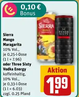 REWE DE Sierra Mango Maragarita oder Three Sixty Vodka Energy tilbud
