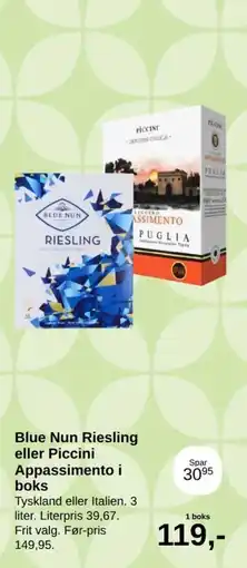 SuperBrugsen Blue Nun Riesling eller Piccini Appassimento i boks tilbud