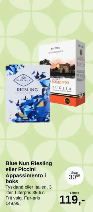 SuperBrugsen Blue Nun Riesling eller Piccini Appassimento i boks tilbud