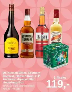 SuperBrugsen Dr. Nielsen Bitter, Southern Comfort, Hansen Rom, O.P. Anderson Aquavit eller Underberg Box tilbud