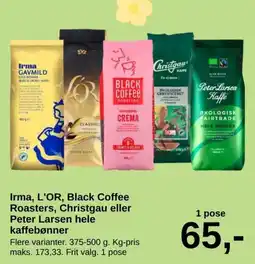 SuperBrugsen Irma, L'OR, Black Coffee Roasters, Christgau eller Peter Larsen hele kaffebønner tilbud