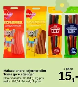 SuperBrugsen Malaco snøre, stjerner eller Toms go´e stænger tilbud