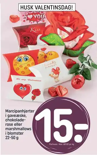 REMA 1000 Marcipanhjerter i gaveæske, chokoladerose eller marshmallows i blomster tilbud
