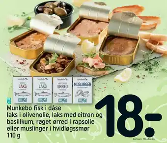 Munkebo fisk i dåse laks i olivenolie, laks med citron og basilikum, røget ørred i rapsolie eller muslinger i hvidløgssmør