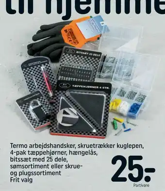 REMA 1000 Termo arbejdshandsker, skruetrækker kuglepen, 4-pak tæppehjørner, hængelås, bitssæt med 25 dele, sømsortiment eller skrue- og tilbud