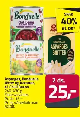 Fleggaard Asparges, Bonduelle Ærter og Karotter, el. Chilli Beans tilbud