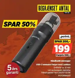 Power Point Håndholdt støvsuger USB-C ladekabel følger med i pakken tilbud