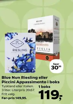 Coop.dk Blue Nun Riesling eller Piccini Appassimento i boks tilbud
