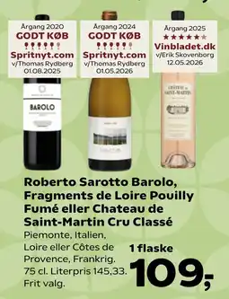 Coop.dk Roberto Sarotto Barolo, Fragments de Loire Pouilly Fumé eller Chateau de Saint-Martin Cru Classé tilbud