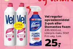 SuperBrugsen Vel regular opvaskemiddel 2-pak eller Domestos foam tilbud