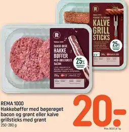 REMA 1000 Hakkebøffer med bøgerøget bacon eller kalve grillsticks med grønt tilbud