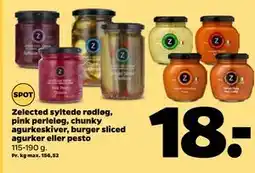 Netto Zelected syltede rødløg, pink perleløg, chunky agurkeskiver, burger sliced agurker eller pesto tilbud