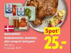 MADVÆRKET Nakkekoteletter, koteletter eller cevapcici med grønt