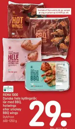 REMA 1000 Danske hele kyllingelår, lår med BBQ, hotwings eller smokey BBQ wings tilbud