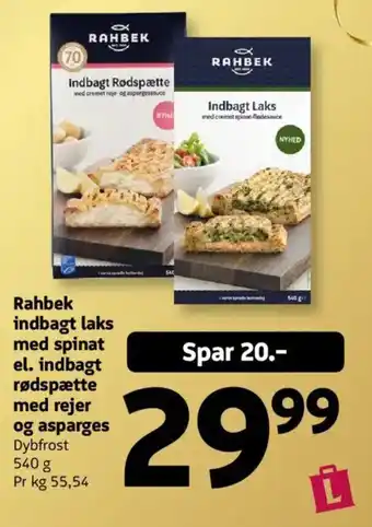 Løvbjerg Rahbek indbagt laks med spinat el. indbagt rødspætte med rejer og asparges tilbud