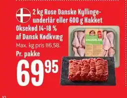 Min Købmand 2 kg Rose Danske Kyllingeunderlår eller 600 g Hakket Oksekød 14-18 % af Dansk Kødkvæg tilbud
