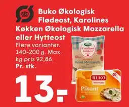 SPAR Buko Økologisk Flødeost, Karolines Køkken Økologisk Mozzarella eller Hytteost tilbud
