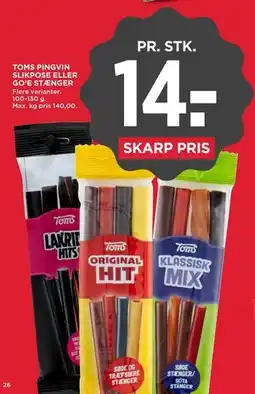 MENY TOMS PINGVIN SLIKPOSE ELLER GO’E STÆNGER tilbud
