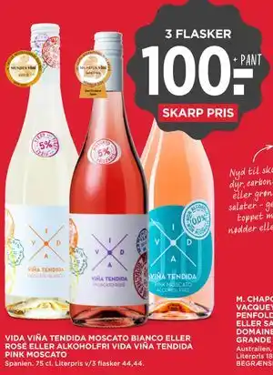 MENY VIDA VIÑA TENDIDA MOSCATO BIANCO ELLER ROSÉ ELLER ALKOHOLFRI VIDA VIÑA TENDIDA PINK MOSCATO tilbud