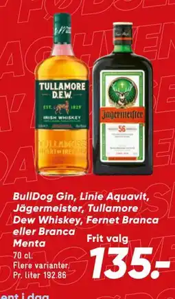 Bilka BullDog Gin, Linie Aquavit, Jägermeister, Tullamore Dew Whiskey, Fernet Branca eller Branca Menta tilbud