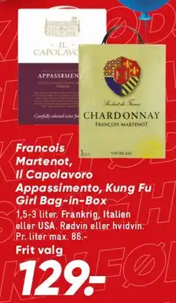 Bilka Bag-in-Box wines (Francois Martenot / Il Capolavoro / Kung Fu Girl) tilbud