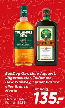 Bilka Selection of spirits (Bulldog, Linie Aquavit, Jägermeister, Tullamore etc.) tilbud