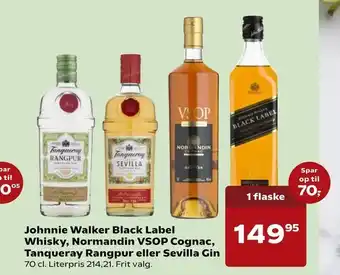 Kvickly Johnnie Walker Black Label Whisky, Normandin VSOP Cognac, Tanqueray Rangpur eller Sevilla Gin tilbud