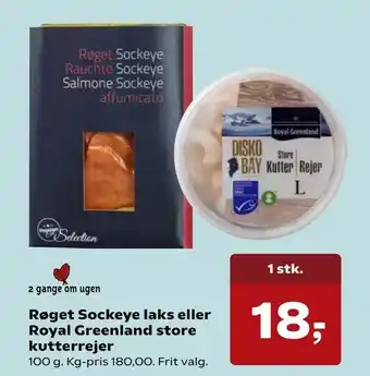 Kvickly Røget Sockeye laks eller Royal Greenland store kutterrejer tilbud