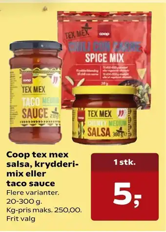 Kvickly Coop tex mex salsa, krydderimix eller taco sauce tilbud