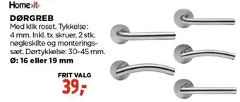 jem & fix Home It Dørgreb Med klik Roset.Tykkelse:4 mm.Inkl.Tx Skruer,2 Stk Dørtykkelse:30-45 mm ø:16 Eller 19mm tilbud