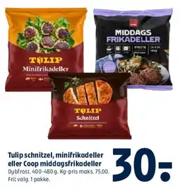 Coop 365 Tulip schnitzel, minifrikadeller eller Coop middagsfrikadeller tilbud