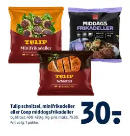 Coop 365 Dybfrost Tulip schnitzel, minifrikadeller eller Coop middagsfrikadeller tilbud
