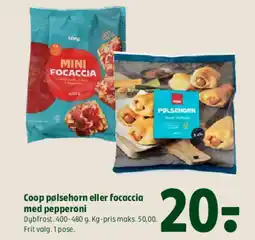 Coop 365 Coop pølsehorn eller focaccia med pepperoni tilbud