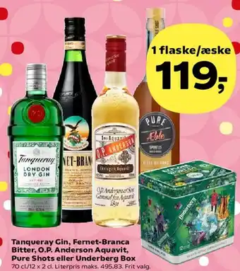 Tanqueray Gin, Fernet-Branca Bitter, O.P. Anderson Aquavit, Pure Shots eller Underberg Box