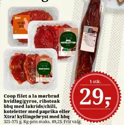 Dagli'Brugsen Coop kødudvalg (filet a la mørbrad, ribsteak, koteletter, kyllingebryst) tilbud