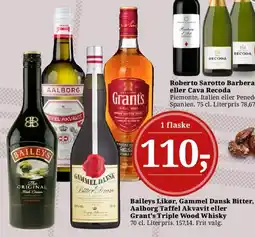 Dagli'Brugsen Baileys Likør, Gammel Dansk Bitter, Aalborg Taffel Akvavit eller Grant's Triple Wood Whisky tilbud