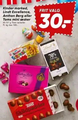 Bilka Kinder, Lindt Excellence, Anthon Berg eller Toms mini-æsker tilbud