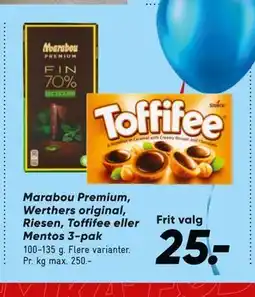 Bilka Marabou Premium, Werthers original, Riesen, Toffifee eller Mentos 3-pak tilbud