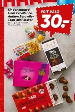 Bilka Kinder marked, Lindt Excellence, Anthon Berg eller Toms mini æsker tilbud