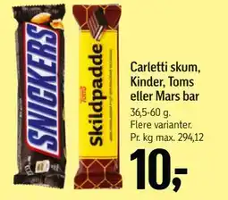Føtex Carletti skum, Kinder, Toms eller Mars bar tilbud