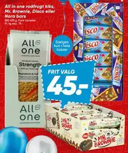 Bilka All in one rodfrugt kiks, Mr. Brownie, Disco eller Nora bars tilbud